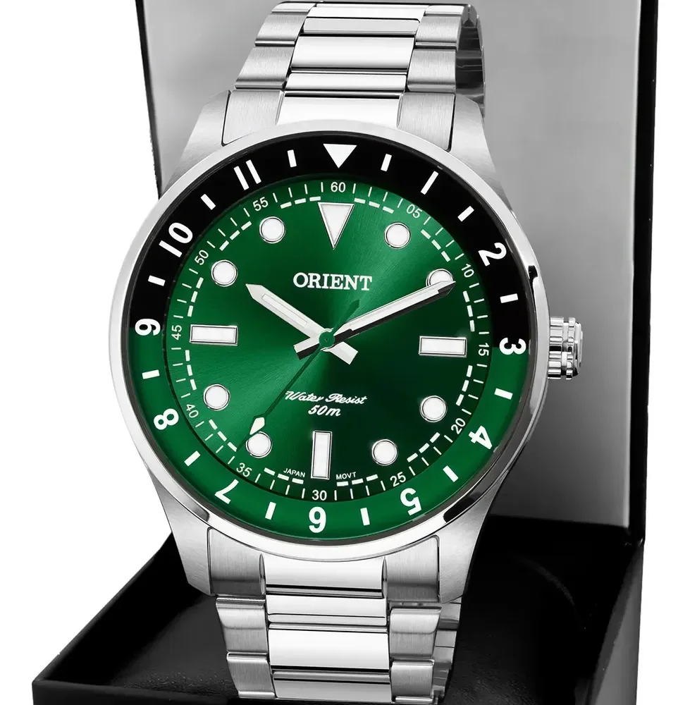 Relógio Orient Masculino Verde Prateado MBSS0015E1SX Quartzo Aço Inoxidável