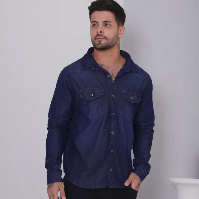 ⚫️ Camisa Masculina Jeans Com Botões Básica Manga Longa Social
