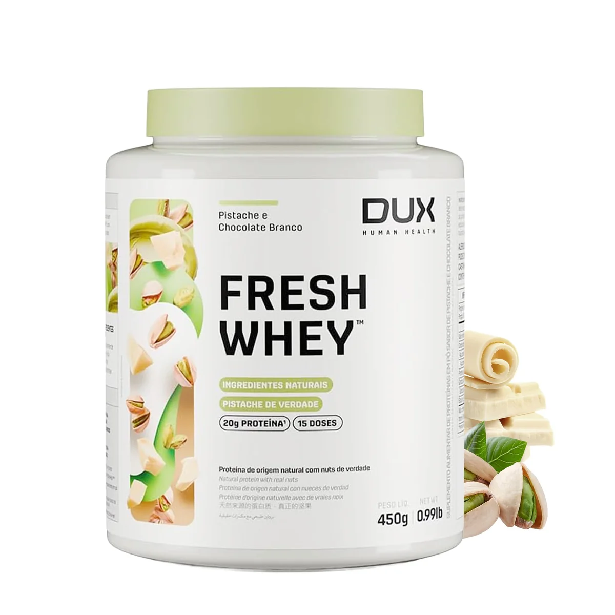 ✨DUX HUMAN HEALTH FreshWhey 450g Pistache e Chocolate Branco – 20g de Proteína com Frutas e Nuts Naturais✨️