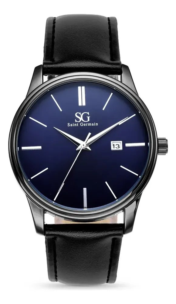 Relógio Masculino Couro Azul Caixa Prata Saint Germain 42mm