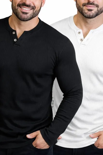 Kit 2 Camiseta Henley Masculina Manga Longa Slim 2 Botões