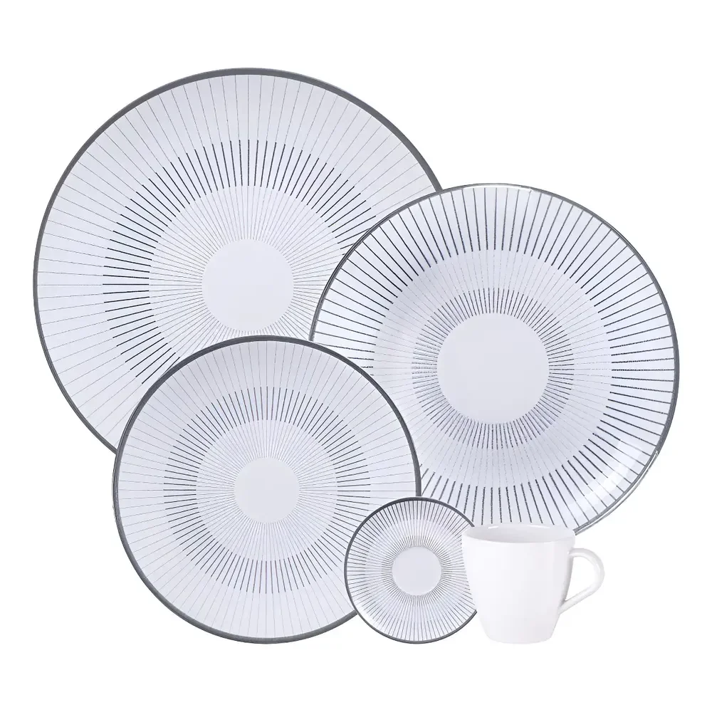 TRAMONTINA 🔝 Aparelho De Jantar Tramontina Griz Porcelana Decorada 20 Peças Branco Com Cinza Liso
