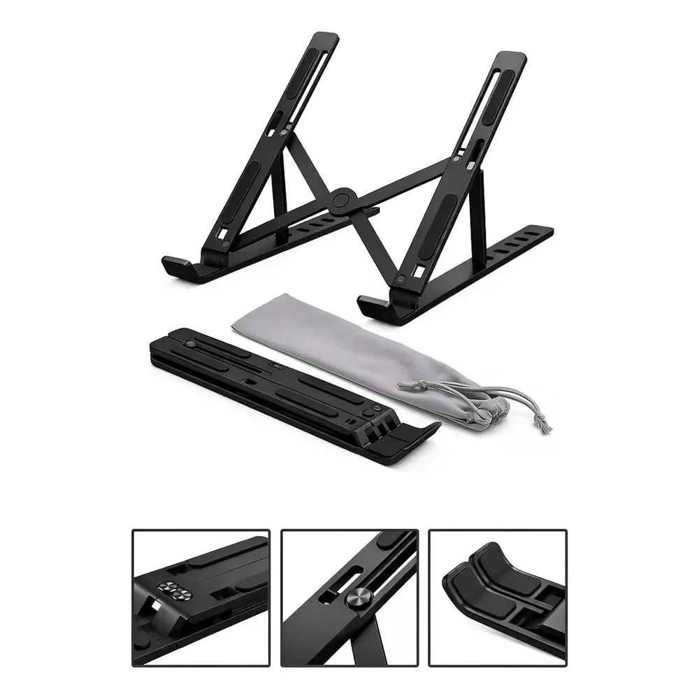 Base Suporte Para Notebook Alumínio Portátil Articulado Dobrável Tablet Laptop Mesa Preto