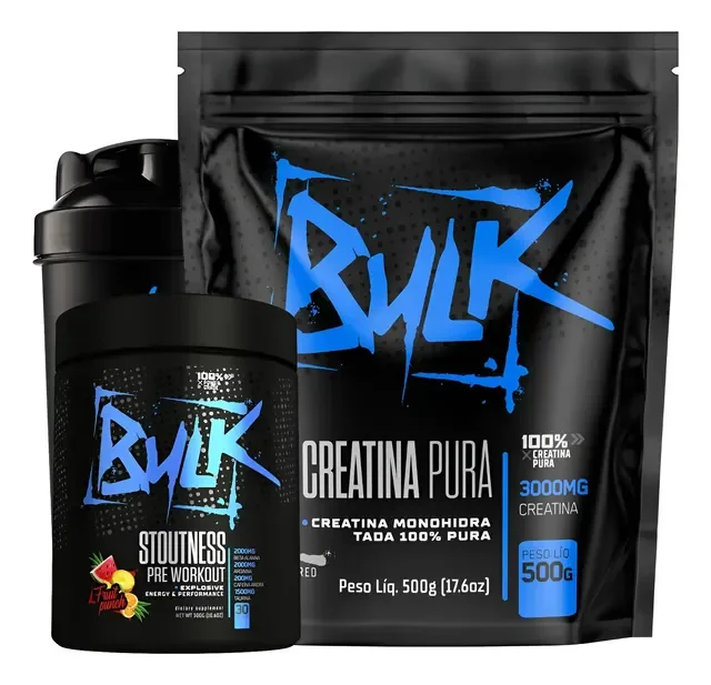 Kit Creatina Pura 500g + Pré Treino 300g + Shaker 600ml Bulk