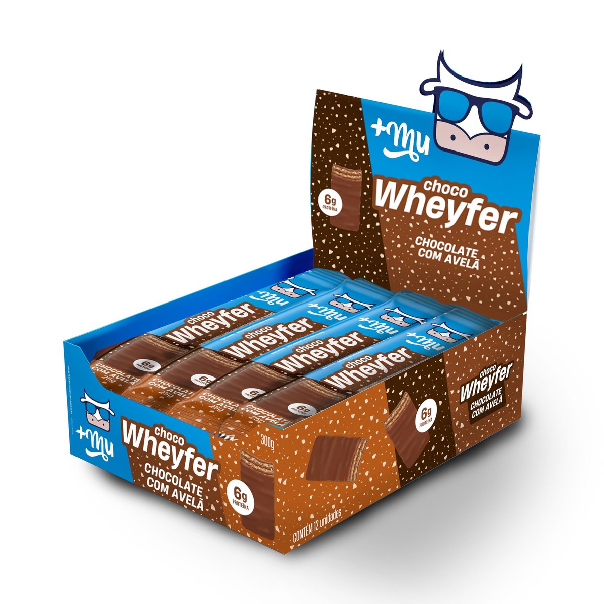 ✨Chocowheyfer, Mais Mu, Wafer Proteico Sabor Chocolate e Avelã, 6g de Proteína, Zero Açúcar, Display com 12 Unidades✨️