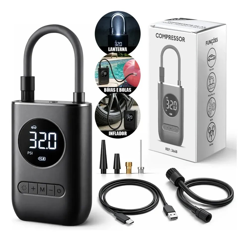 🔥Mini Compressor de Ar Digital Portátil Recarregável Lumi Alta Pressão Sem Fio
