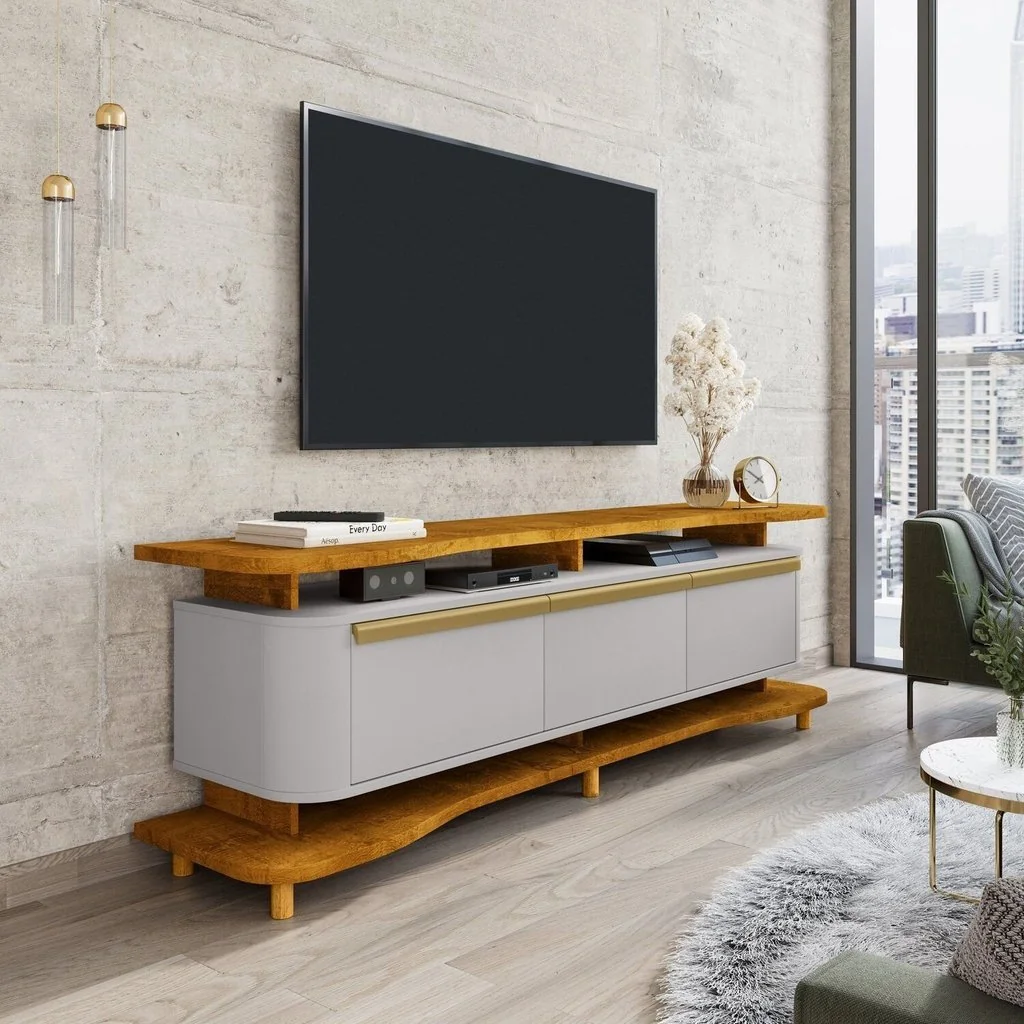 Rack para TV até 75 Polegadas 180cm Pés em Madeira Maciça Guarapari Marrom Naturalle/Off White