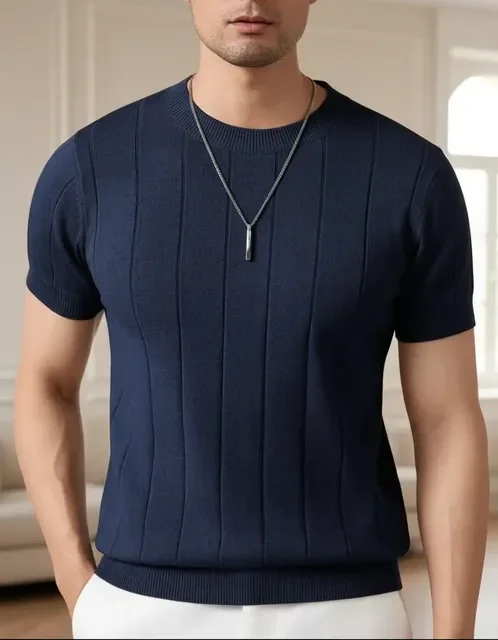 Blusa Masculina Básica Manga Curta Canelada Tricot Modal (M ao GG)