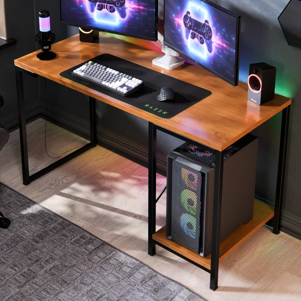 Escrivaninha Gamer Industrial Maxído Brasil para Computador e Estudos, Com Prateleira e Suporte de CPU, Preta e Canela