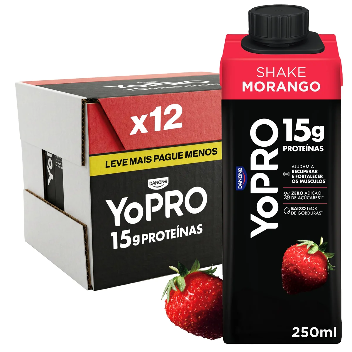 YoPRO Bebida Láctea UHT Morango – 15g de Proteínas, Líquido, Caixinha Tetra Pak 250ml (Pack com 12…