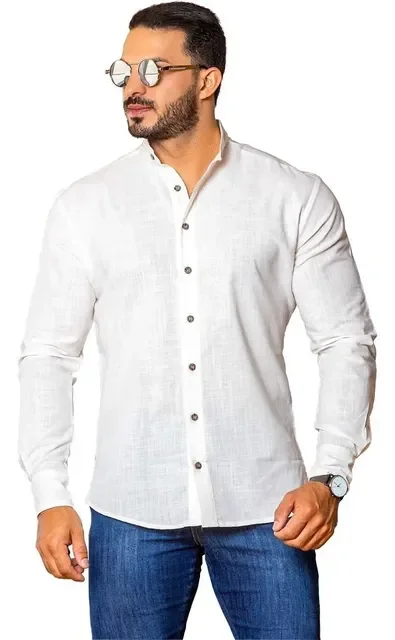 ⚫️ Camisas Masculina Social Gola Padre Linho Premium Moda Luxo