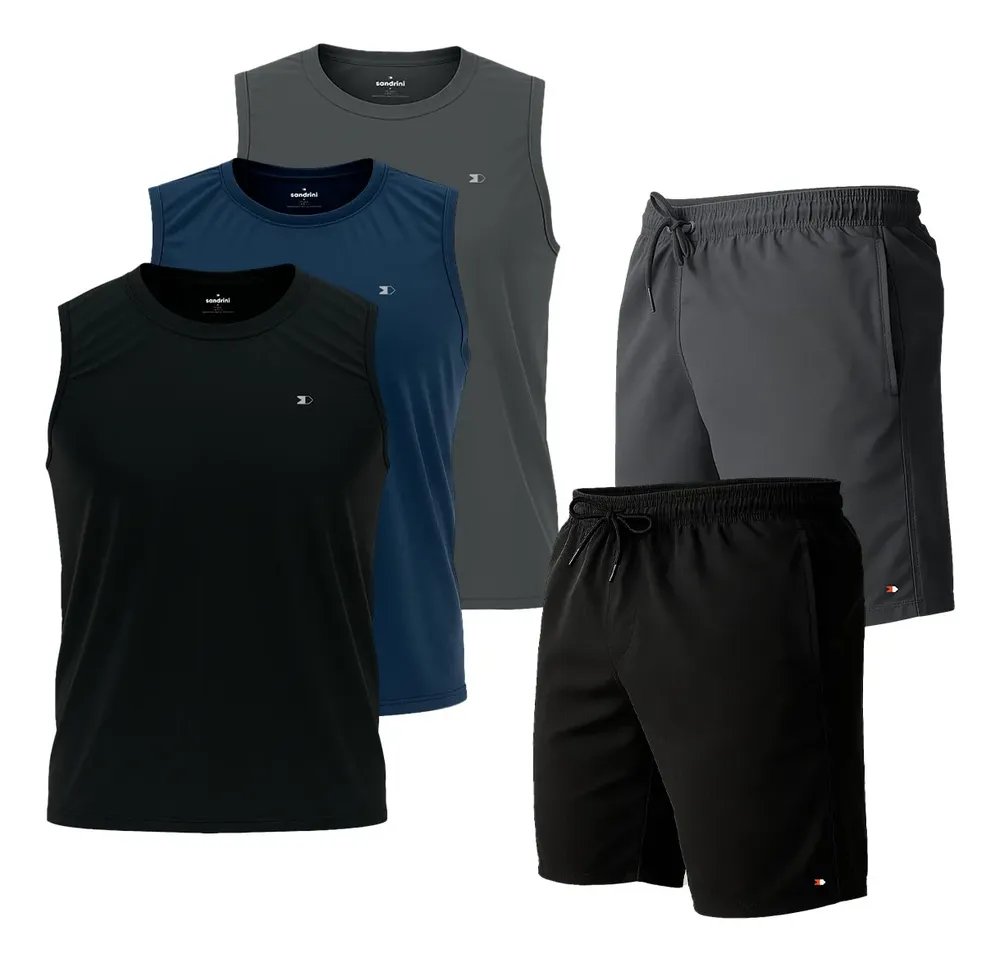 Kit 5 Pçs 3 Camisas Regata Dry-fit Sandrini +2 Short Tactel Sortidos Logo M Lisa