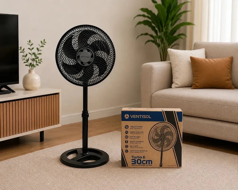 ✨Ventilador Oscilante De Coluna Ventisol 30cm Turbo 6 Pás Preto✨️