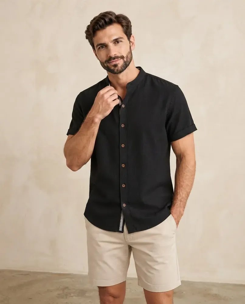 Camisa Masculina Manga Curta Gola Padre Premium Luxo Social Preto Liso (P ao GG)