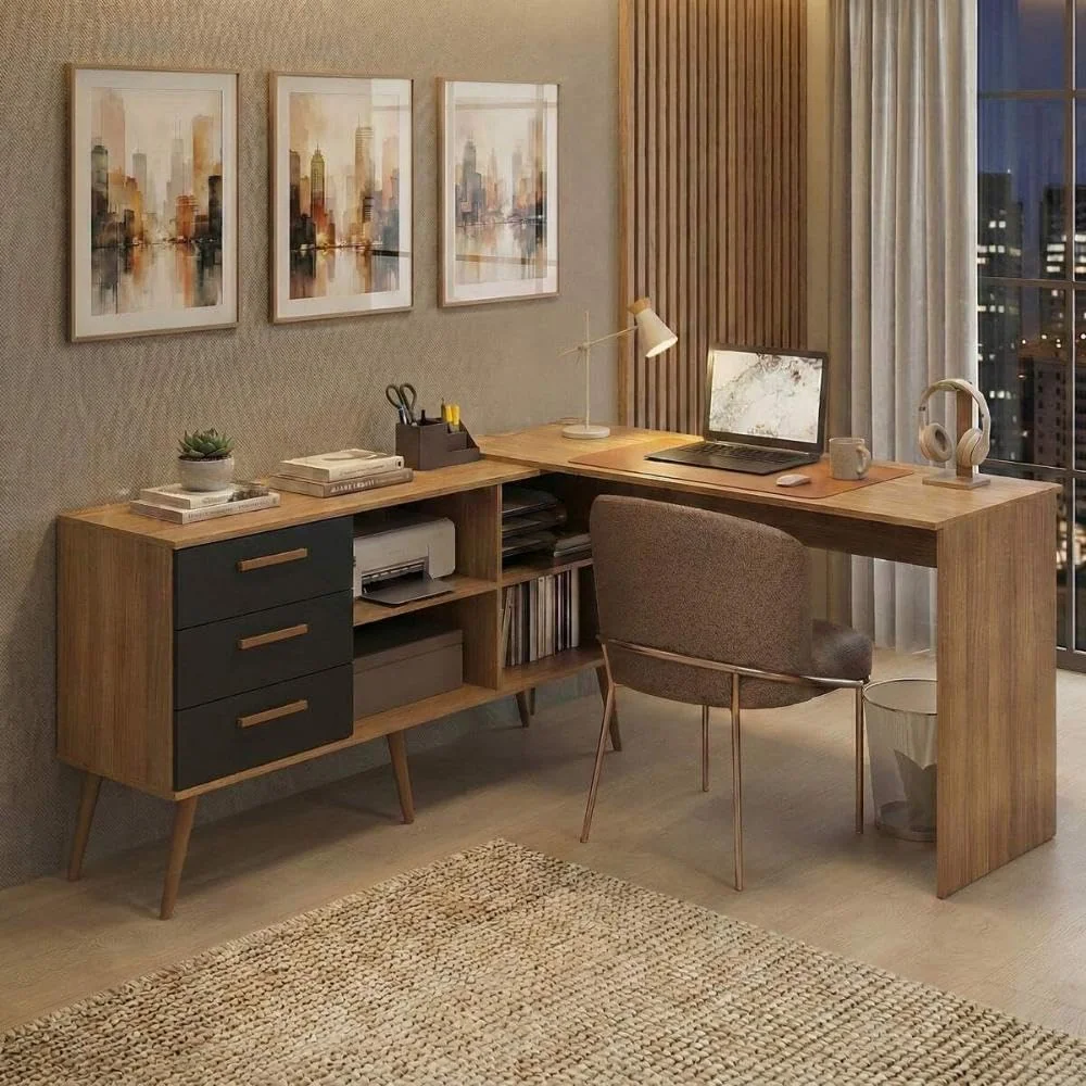 Mesa de Escritório em L com 3 Gavetas Porto Multimóveis Mp6044 Madeirado/preto