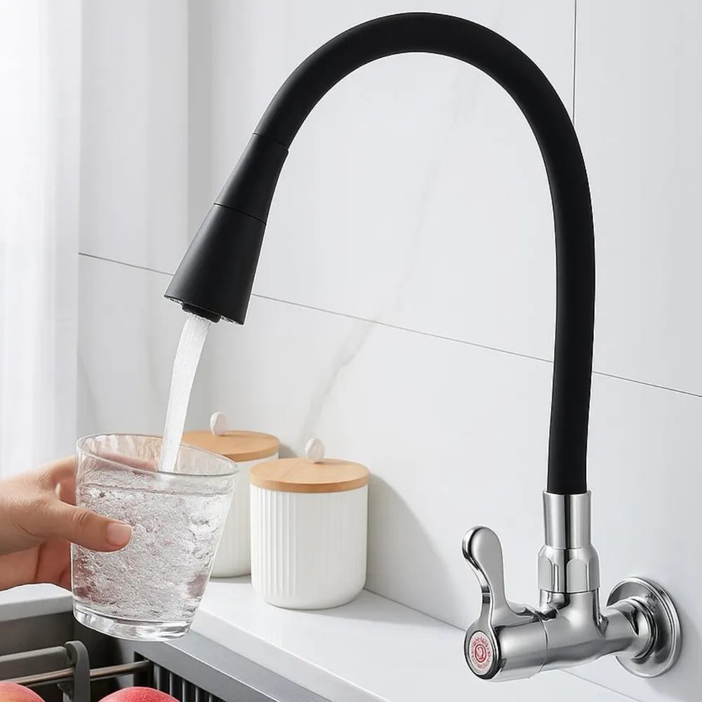 Torneira Cozinha Parede Flexivel Preta Metal Gourmet 2 Jatos Marca Camperluz