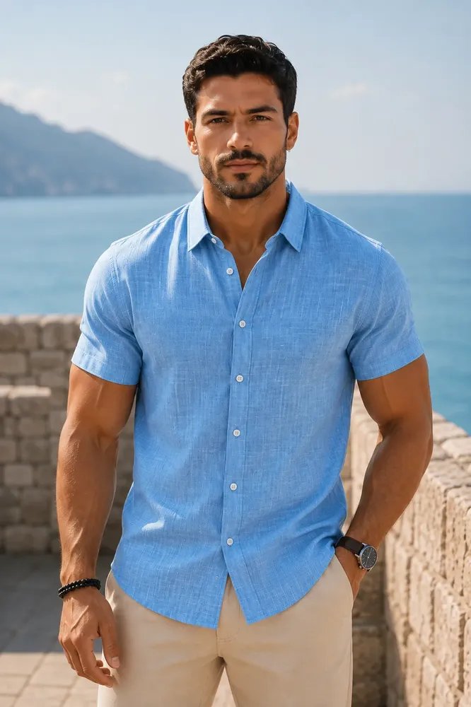 Camisa Masculina Manga Curta Estilo Linho Zux Azul-claro (P ao XG)