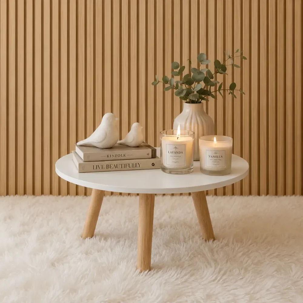 Mesa De Centro Redonda Compacta Branca Mdf Pés De Pinus