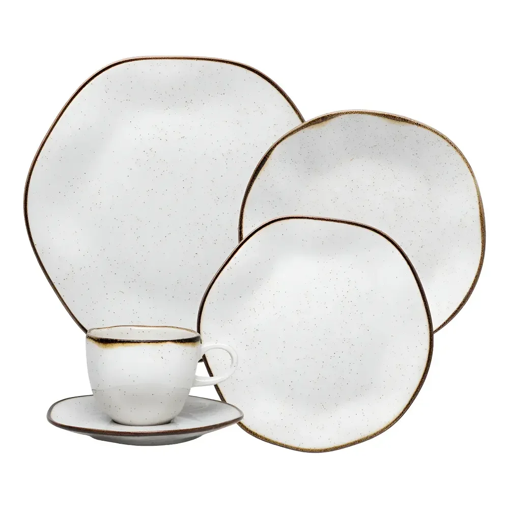 Aparelho De Jantar 30 Peças Ryo Maresia Oxford Porcelana Off White e Marrom