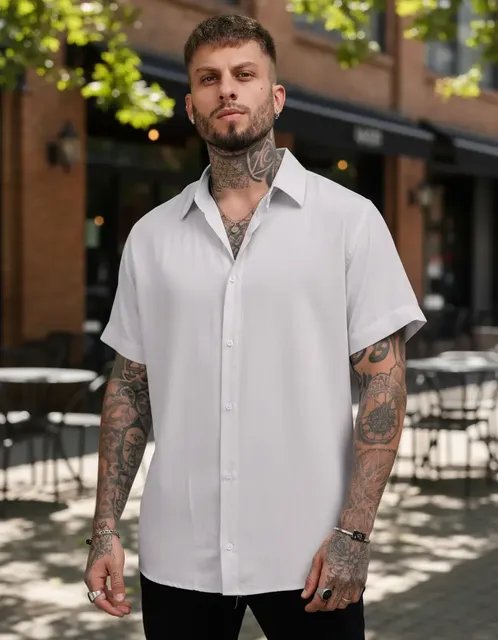Camisa De Botão Masculina Manga Curta Social Verão Slim (P ao GG)