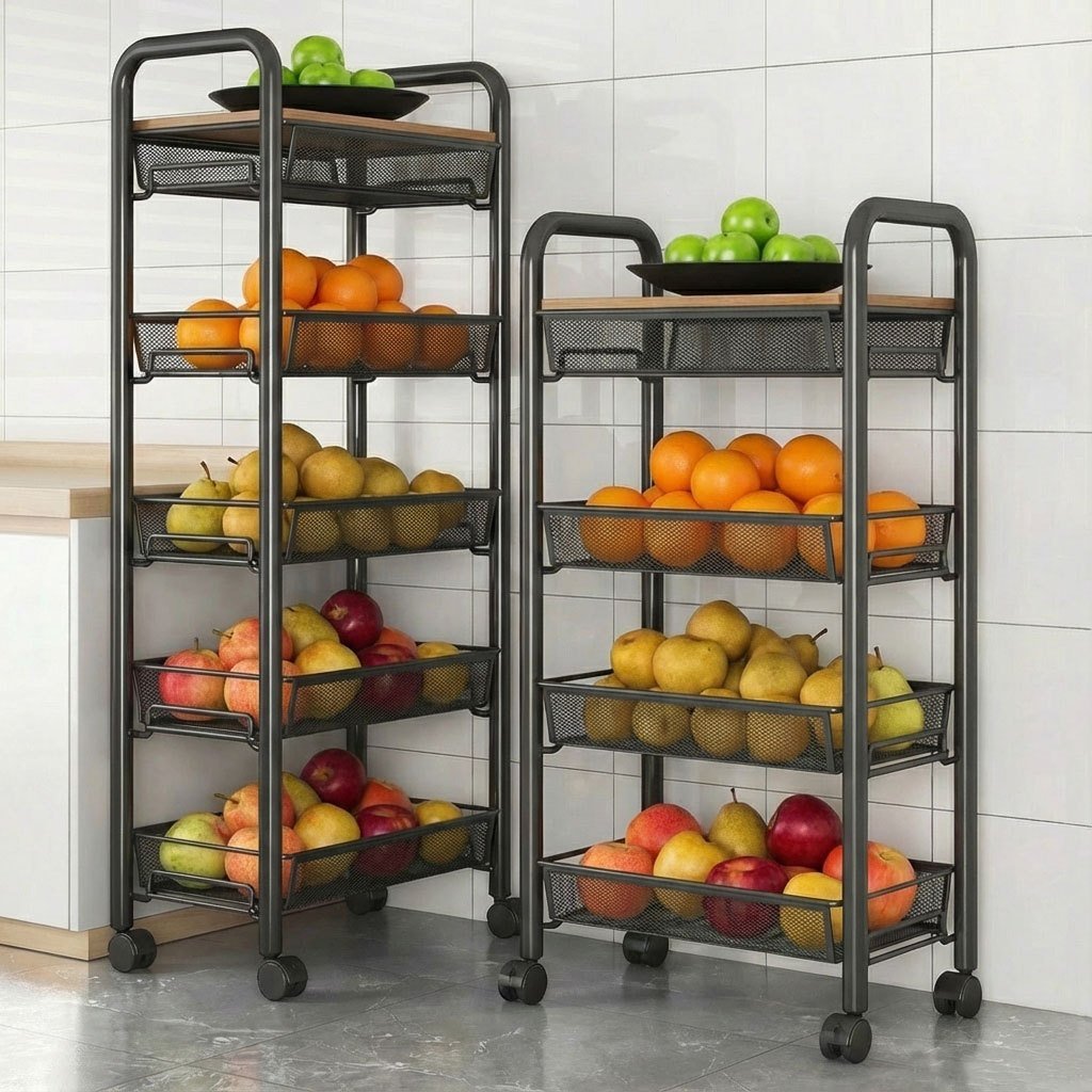 fruteira de cozinha de chão 5 Andares com Rodízios para Frutas Multifuncional Aço