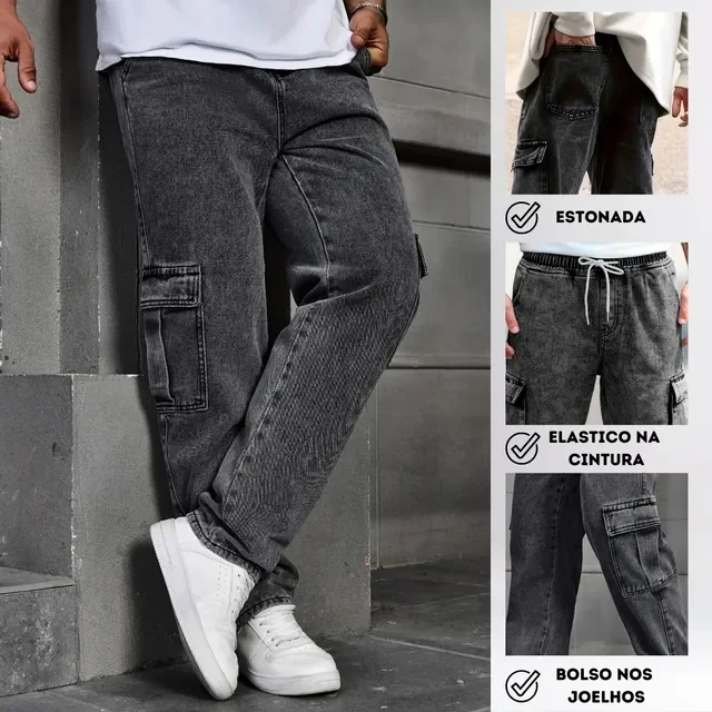 ⚫️ Calça Cargo Masculina Jeans Cós De Elástico Streetwear Larga