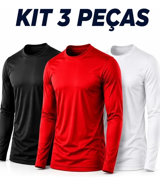 Kit com 3 Camisas Segunda Pele Dry Fit Proteção UV