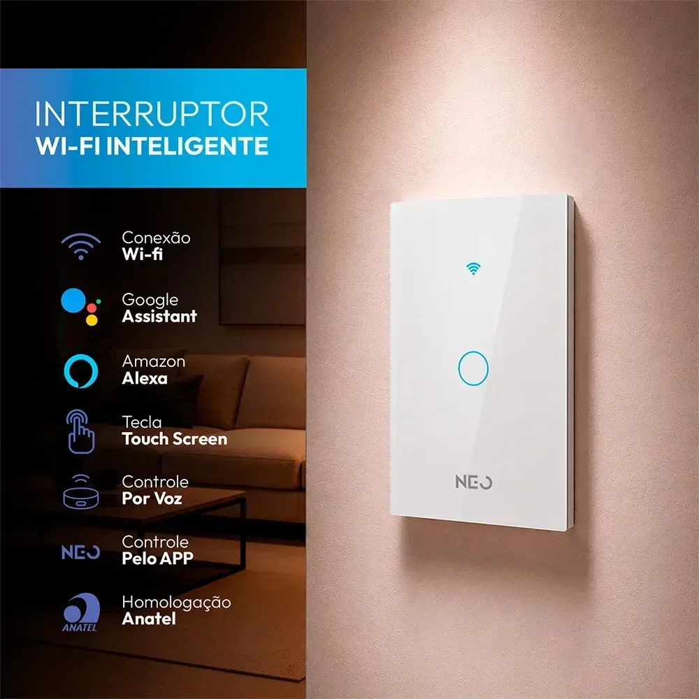 Interruptor Inteligente Smart Wifi 1 Botão Touch Alexa Google Bivolt 4x2 Branco Neo