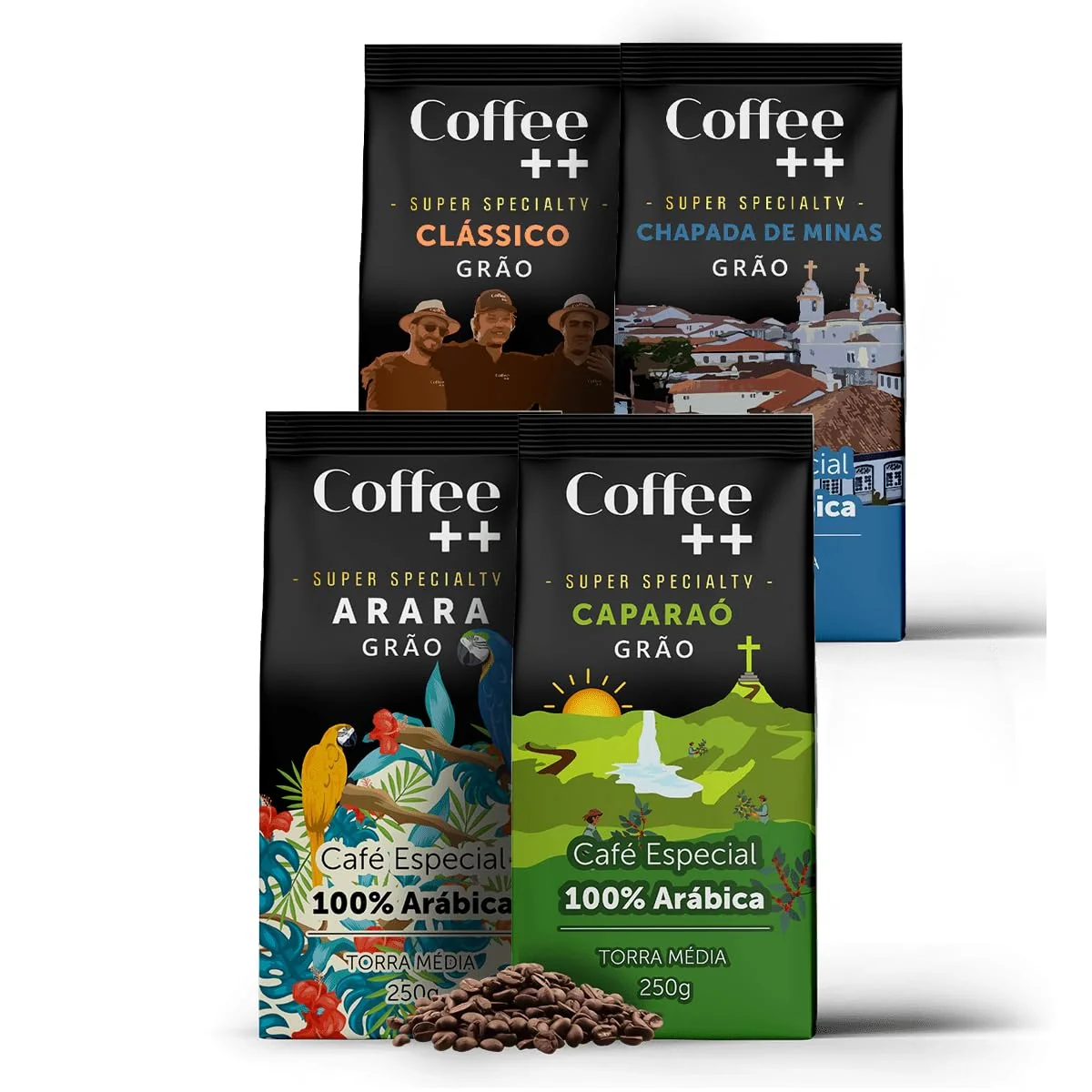 Kit 4 Pacotes Grãos Coffee Mais Variedades 100% Arábica (4x250g) - Arara - Caparaó - Chapada de Minas - Clássico