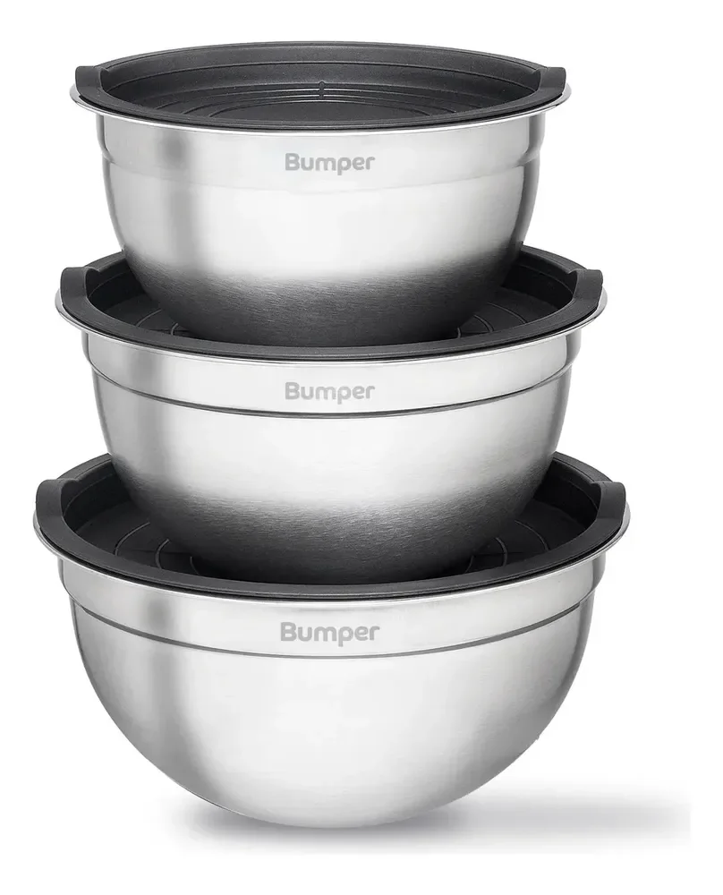 Conjunto De Bowls Tigela Inox Com Tampa Plástica Bumper Cinza