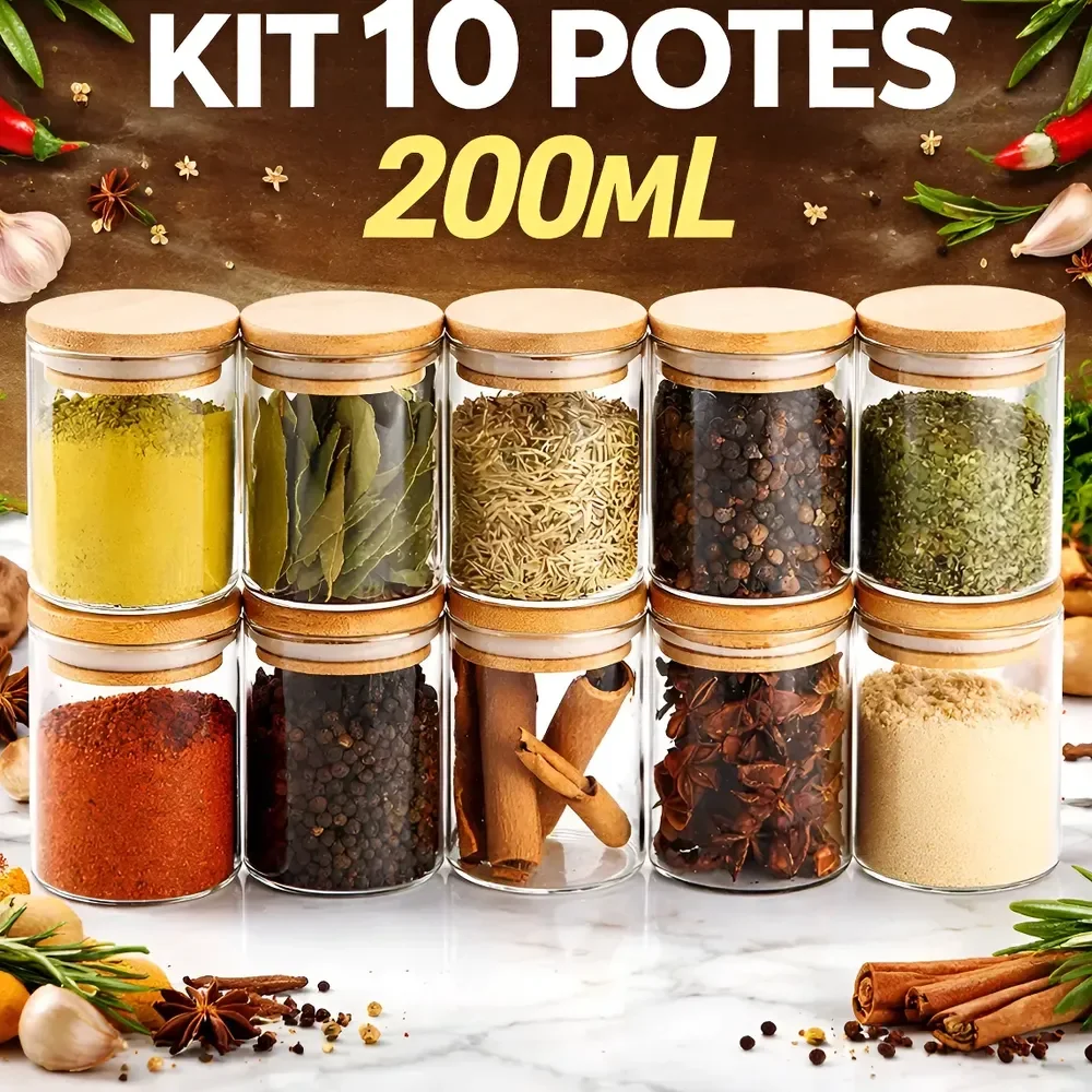Jogo 10 Potes 200ml Temperos Vidro Tampa De Bambu