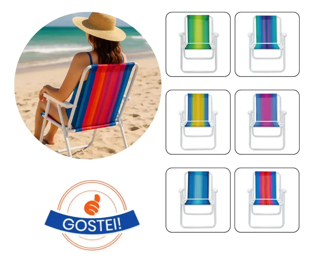Cadeira De Praia Dobravel Aço Sortida Confortável 110kg Premium Unitário Oferta Gostei!