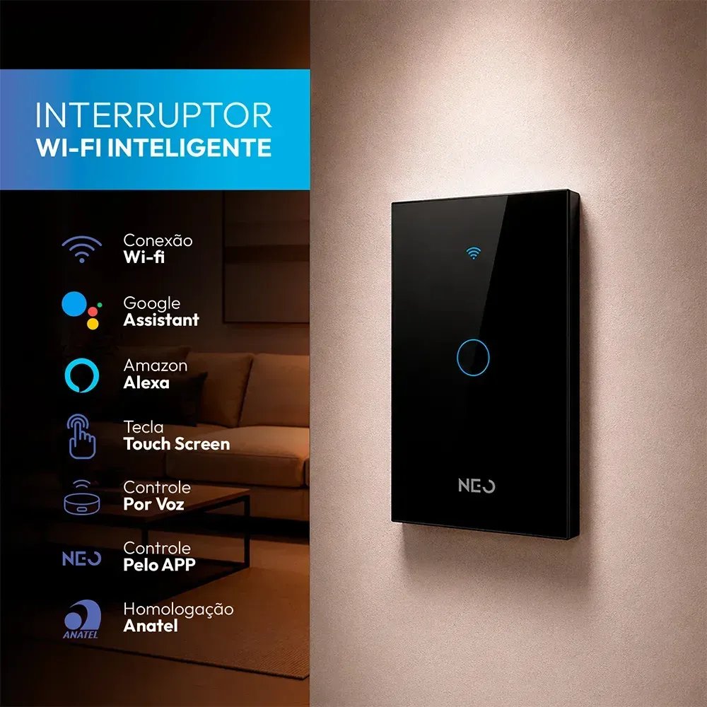 Interruptor Smart Inteligente Wi-fi 2.4 GHz Alexa google 1 Botão 4x2 Bivolt Preto Cod: 291990365