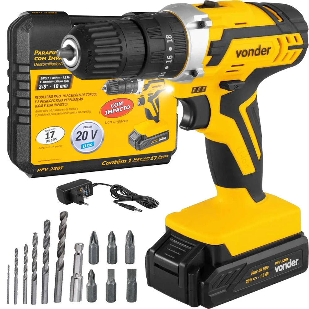 🛍️ Parafusadeira Furadeira de Impacto 20v Sem Fio Com Maleta Broca e Bits PFV238I Vonder