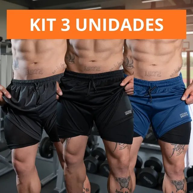 Kit 3 Shorts Masculino 2 Em 1 Compressão Rock Saints