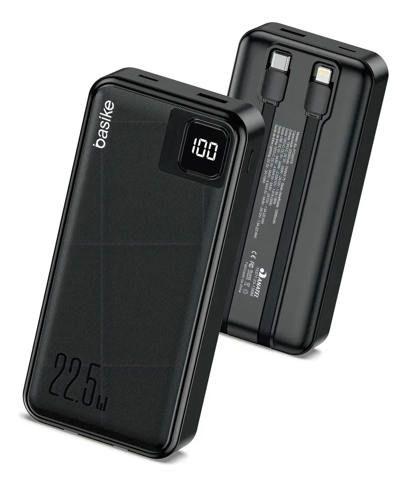 Power Bank Basike 20000mAh Preto, Carga Rápida 22.5W para iPhone e Samsung, Com Cabos Embutidos e…