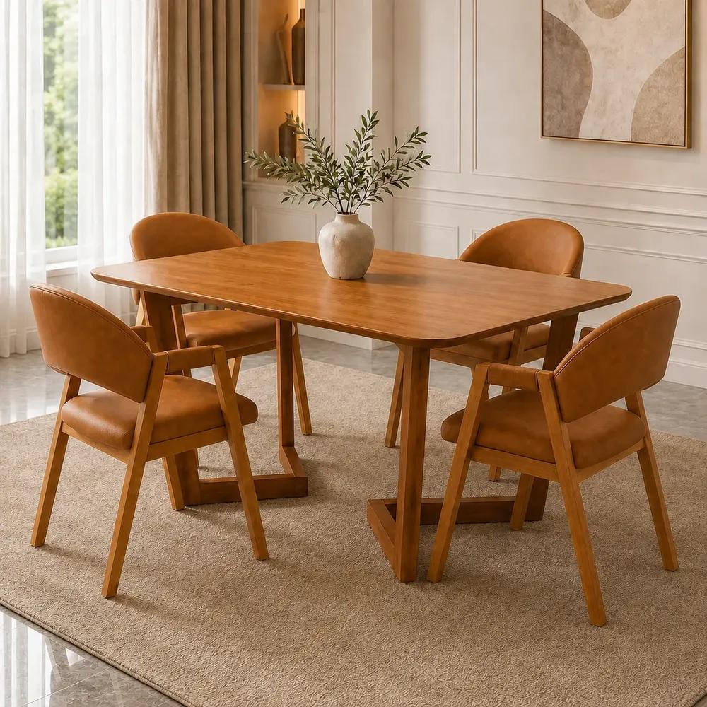 ✨Conjunto Mesa De Jantar 120cm 4 Cadeiras Corino Off-white Bege Liso✨️