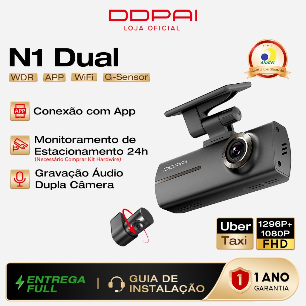 Câmera Veicular DDPAI N1 Dual 1296P+1080P Uber WiFi App Supercapacitor Visão Noturna Gravação em Loops