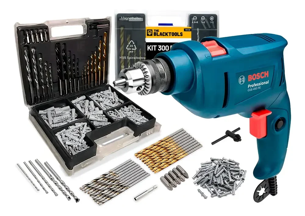 Furadeira de Impacto Bosch 450W 10mm GSB 450 RE com Jogo de Brocas Bits 300 Peças