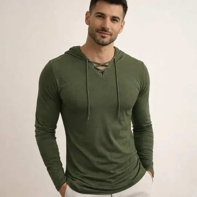 Camiseta Masculina Gola V Rasa Capuz Cordão Manga Longa (19 cores)