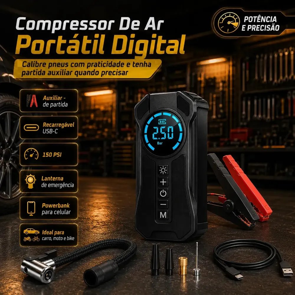 Compressor 150 Psi + Auxiliar De Partida + Powerbank + Lanterna LED