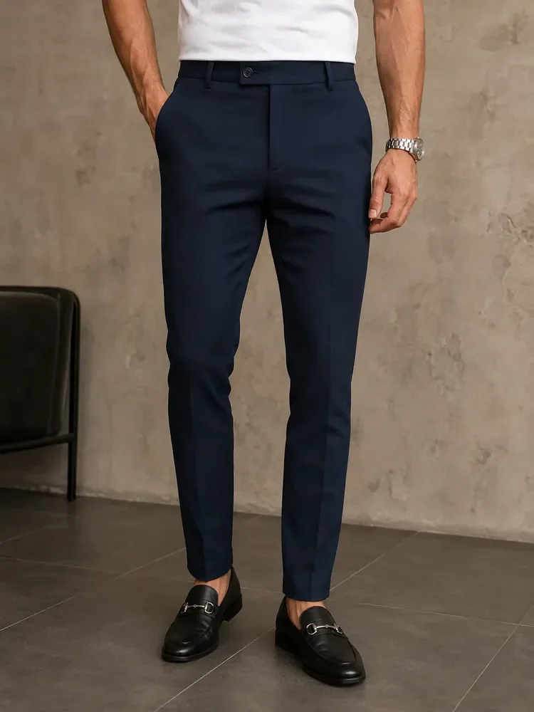 Calça Alfaiataria Masculina Slim Fit Premium Social Azul Liso