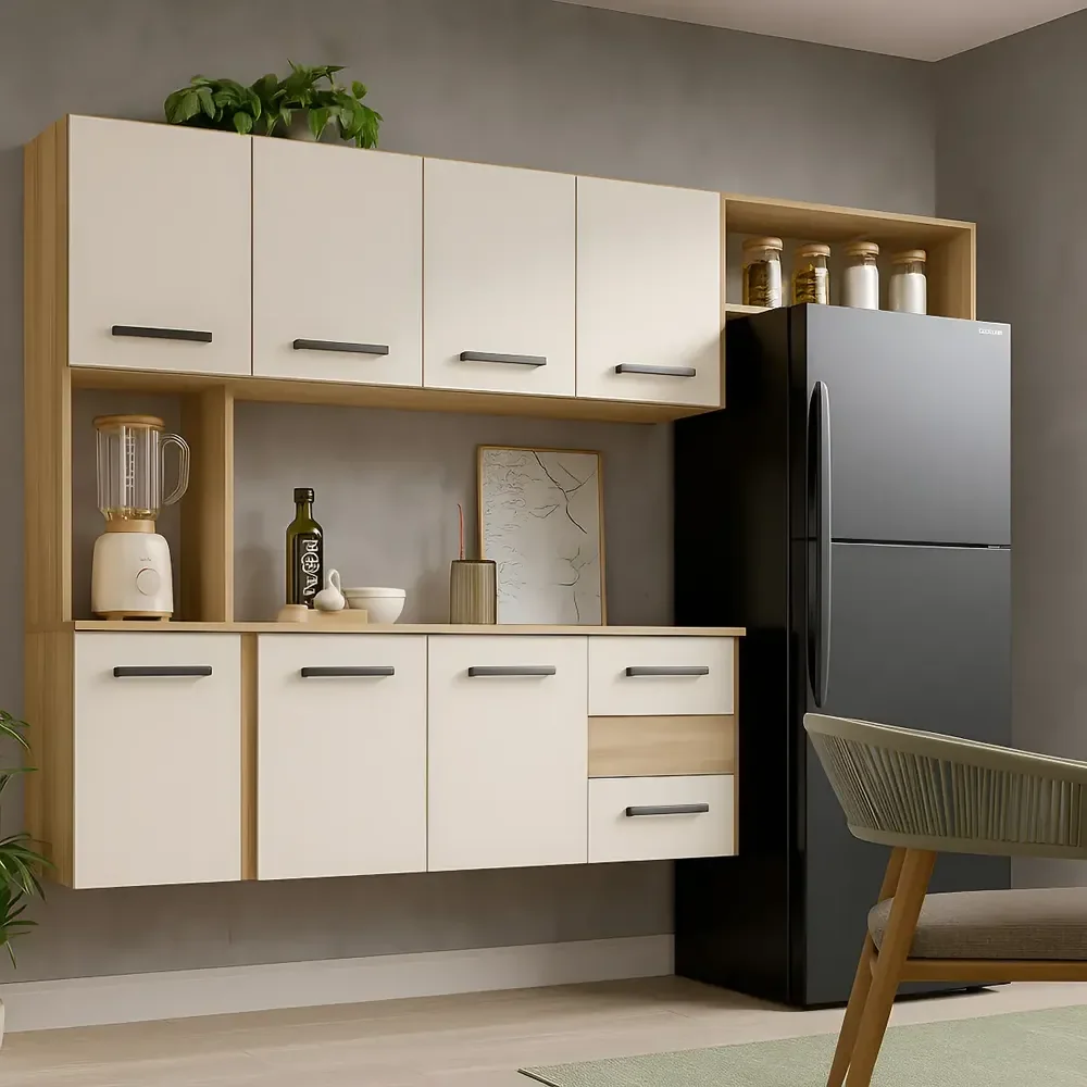 Kit Armário De Cozinha Multiuso Compacta Suspensa Com 7 Portas E 2 Gavetas