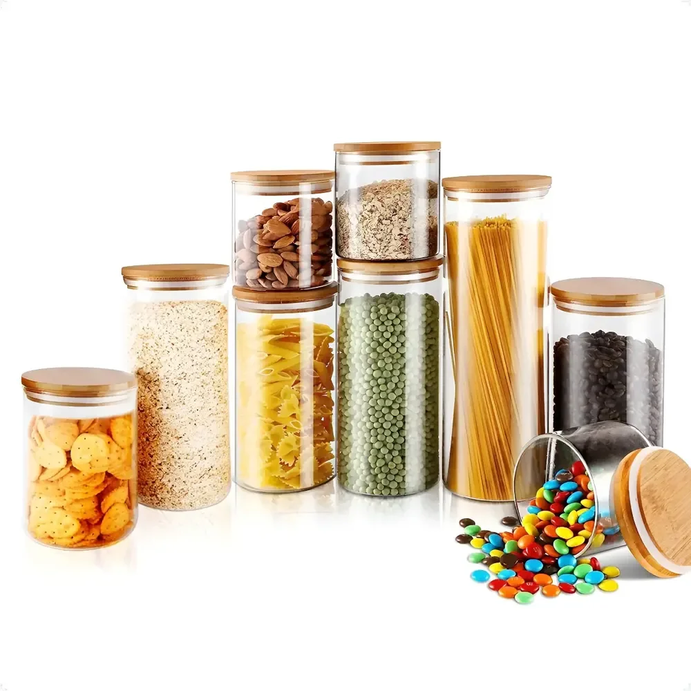 Kit 9 Potes para Mantimentos de Vidro Herméticos com Tampa de Bambu Alta Resistência Epsilon EPS-709