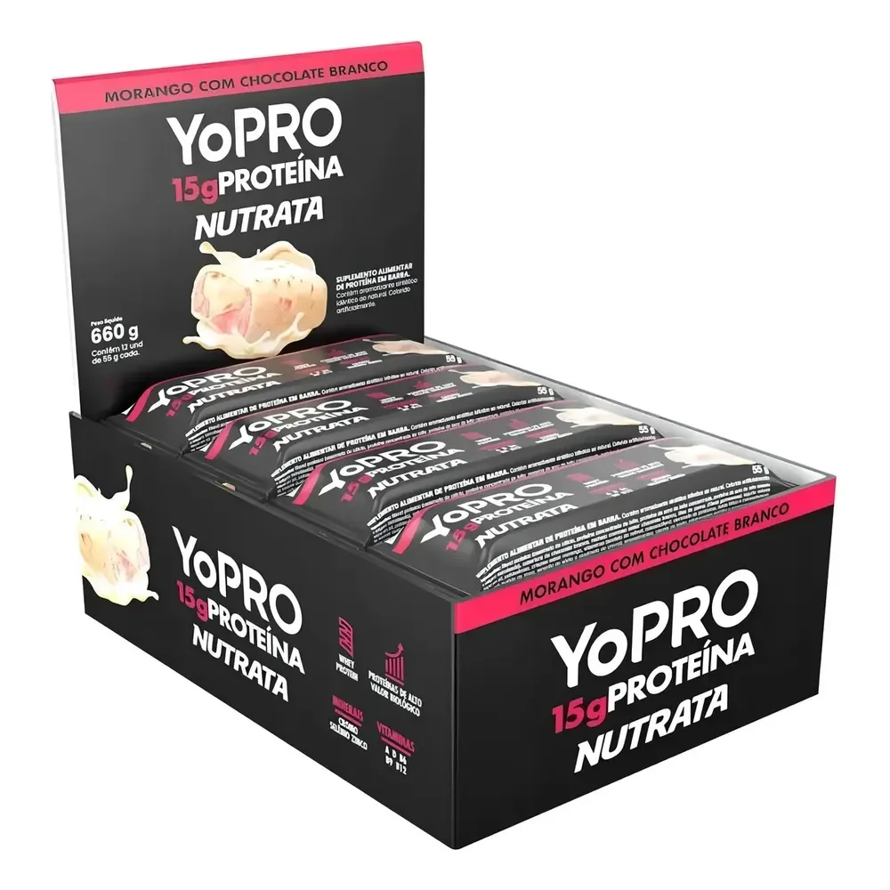 ✨Nutrata Yopro 55g C/ 12 Barras - Morango Com Chocolate Branco✨️