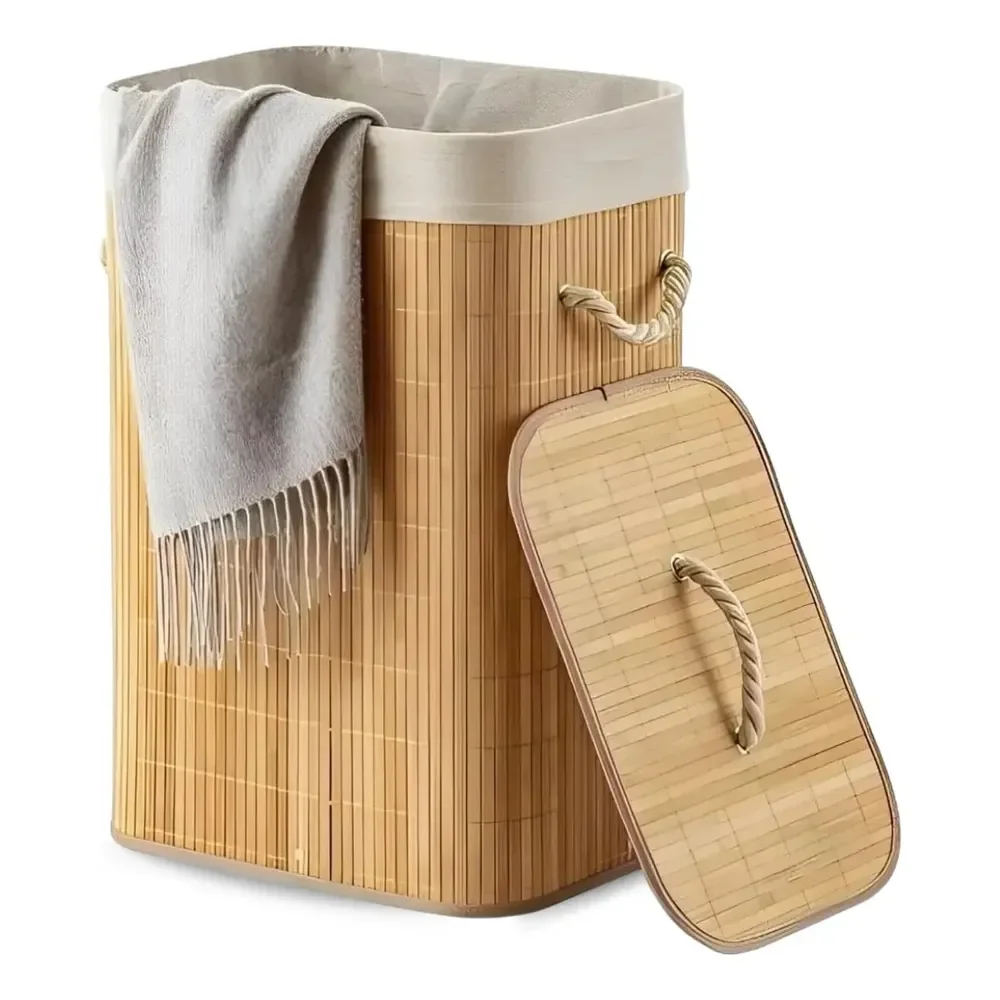 Eps-3903 Cesto Roupa Bambu Retangular Dobrável Com Tampa Alças 60L