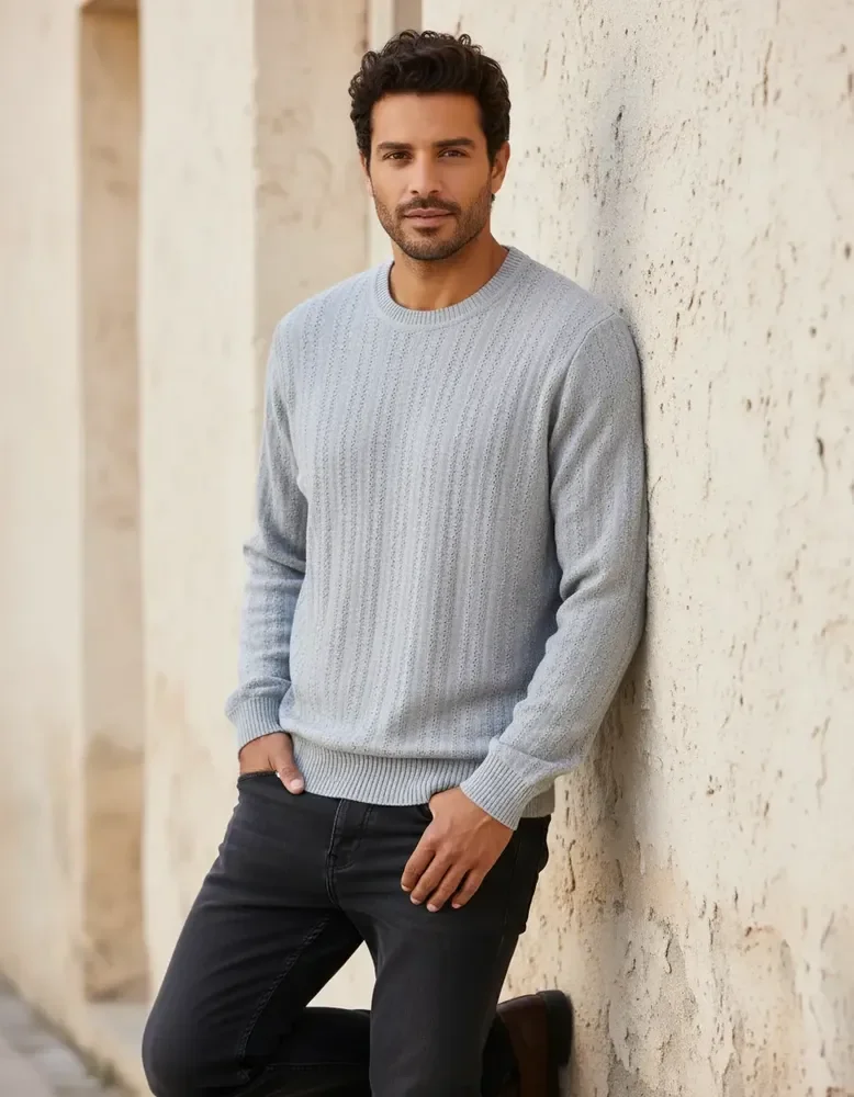 Suéter Masculino Texturizado de Tricot Turim Opus Cinza