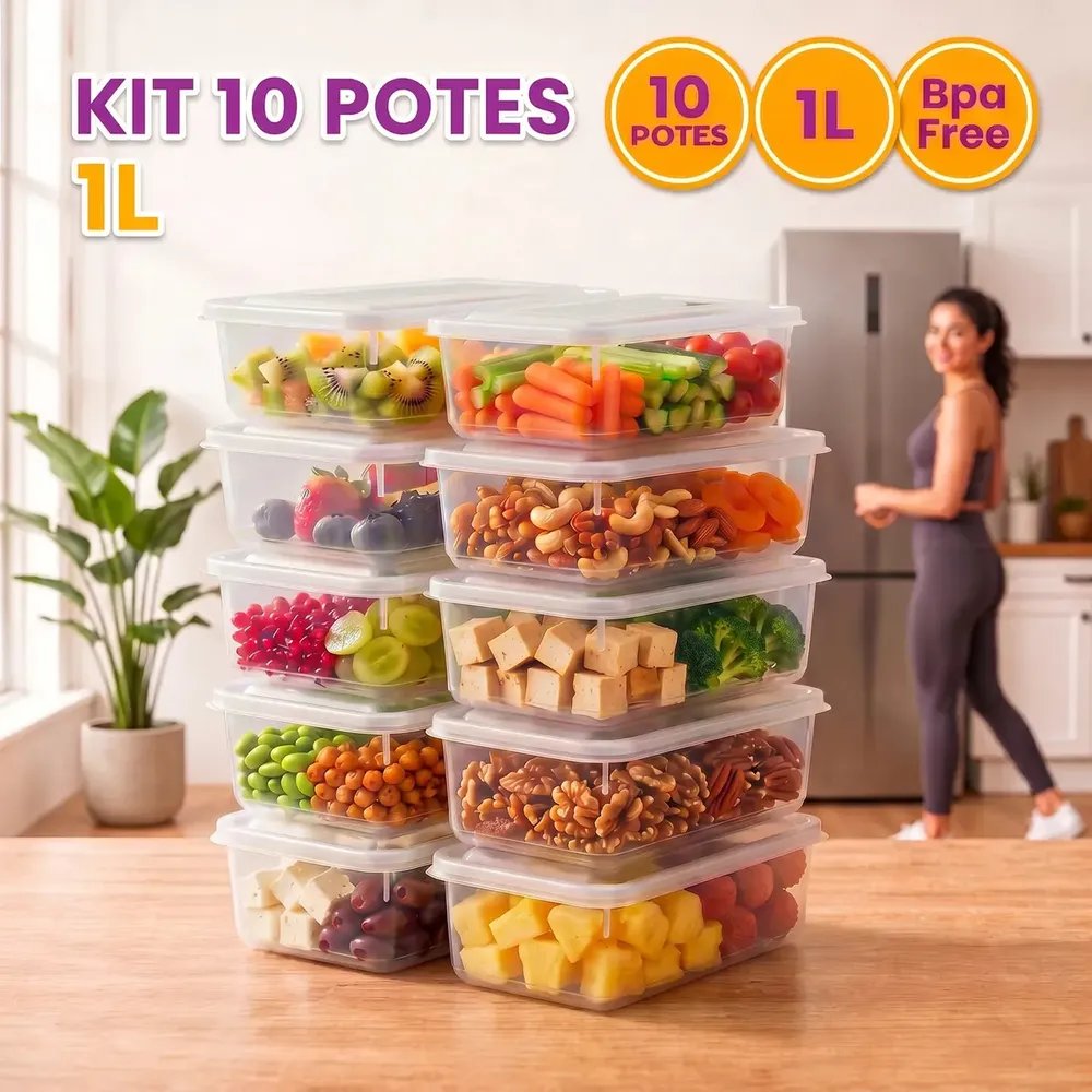 Kit 10 Potes 1 Litro Transparente Marmita Fitness Bpa Free Tampa Hermética Reutilizável Micro E
