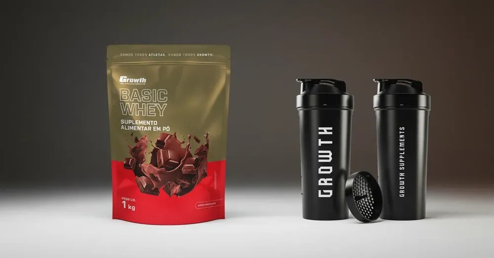 Kit Growth • Whey Protein Basic Chocolate 1kg • Coqueteleira Shaker 600ml