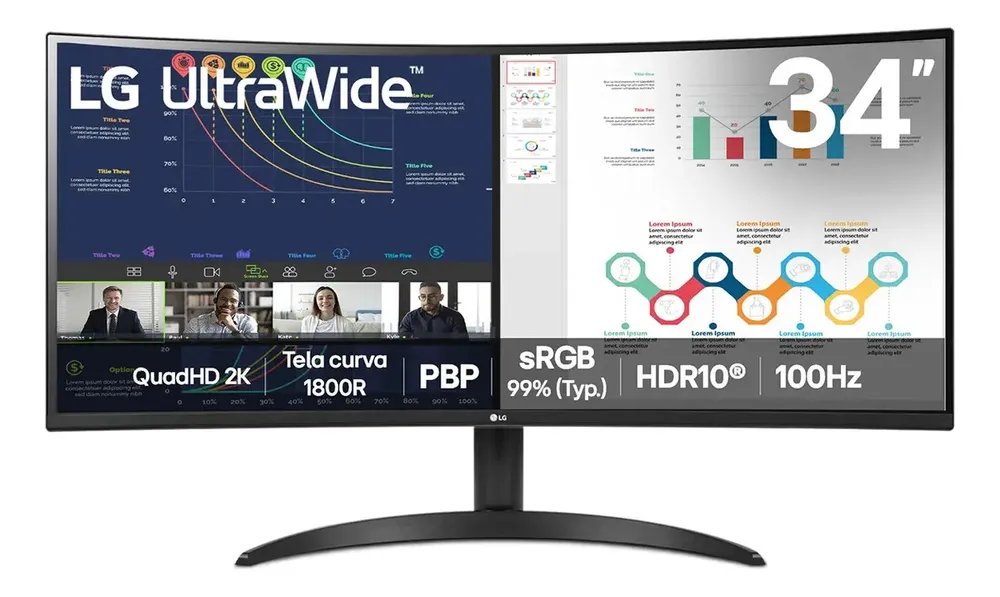 ✨Monitor LG UltraWide Curvo, QuadHD 2K de 34”, PBP, sRGB 99%, HDR10, 100Hz, Preto - 34WR50QK-B✨️